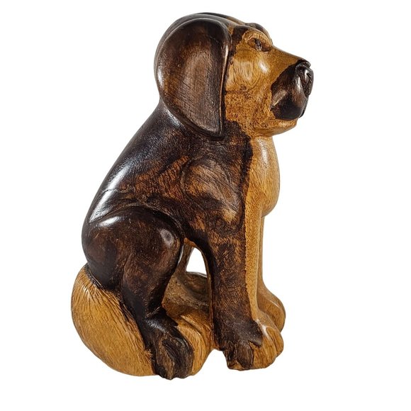 Vintage Wood Carved Dog Sitting Sculpture Folk Art 7 Inch Two Toned - Picture 2 of 8